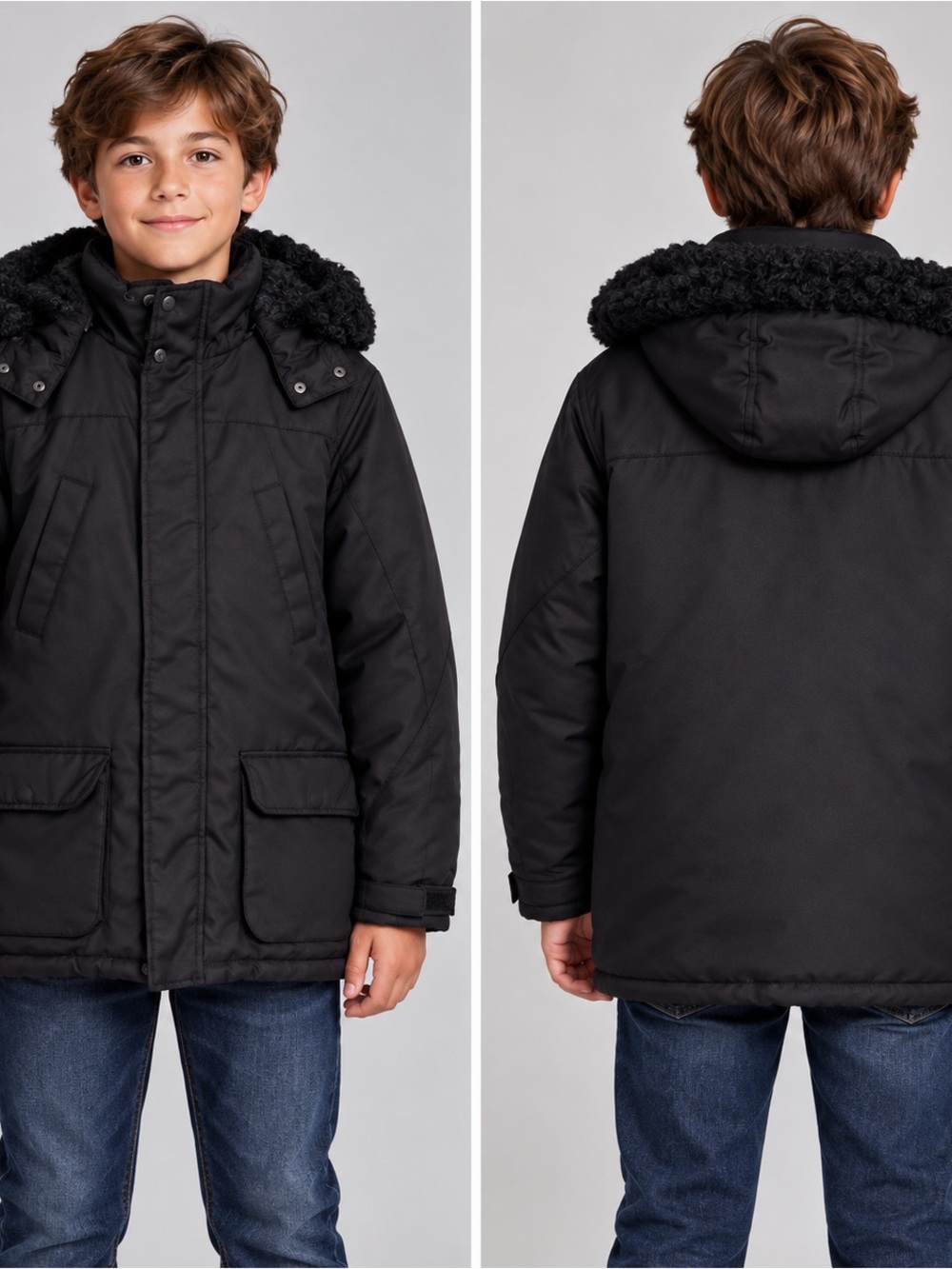 Nautica Boys Black Hooded Puffer Parka with Faux Fur Trim Size 18-20